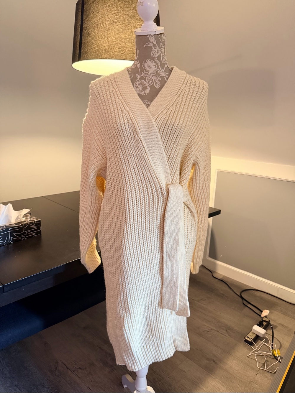 Zara Cream Wrap Knit Sweater Dress with Tie Belt Medium